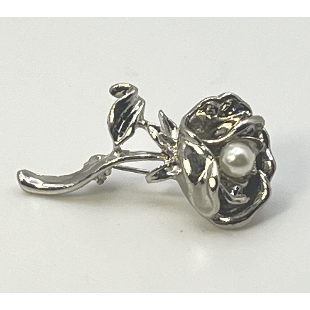 Vintage Silver Tone Rose Faux White Pearl Center Dainty Costume Brooch